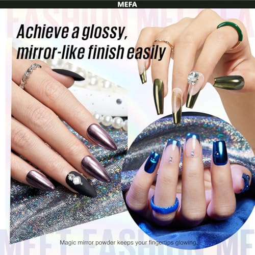 MEFA Chrome Powder for Nails 4 pcs, Mirror Effect Nail Powder Holographic Aurora Iridescent Pearlescent Manicure Nail Art Decoration Glitter Metallic Gold Pink Blue Grey Chrome Nail Powder Kit