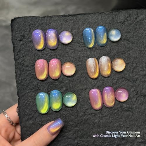 GAOY Glitter Cat Eye Gel Polish Kit with Magnet, 6 Colors Colorful Holographic Nail Polish Set, UV Cure Gel for DIY Manicure at Home