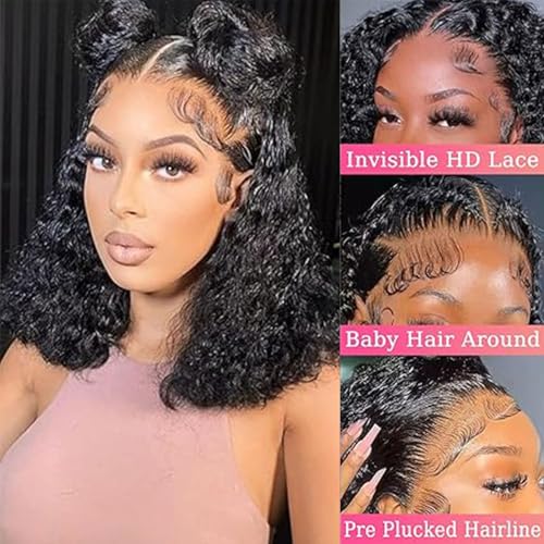 Deep Wave Bob Wig Human Hair Glueless 13x6 Lace Front Wigs Human Hair Wigs for Black Women Pre Plucked 200 Density HD Short Curly Lace Frontal Wig Natural Black 16 Inch