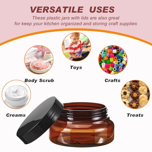 Tessco 48 Pcs Plastic Jars with Lids and Labels Body Scrub Jars Round Refillable Cosmetic Containers Empty Butter Travel Containers for Sugar Scrub Lotions Cosmetics Cream(5 oz,Brown)