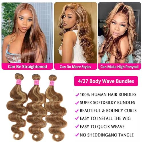 12A Highlight Body Wave Bundles Human Hair 100% Unprocessed Brazilian Virgin Hair Honey Blonde Ombre Wet and Wavy 3 Bundles£¨22 24 26 inch£© for Black Women Double Weft