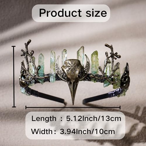 Green Fairy Crystal Crown - Handmade Raw Quartz Tiara with Bronze Crow Branch Moon Elf Headpiece Fantasy Forest Witch Crown Wedding Renaissance Halloween Cosplay Woodland Headband