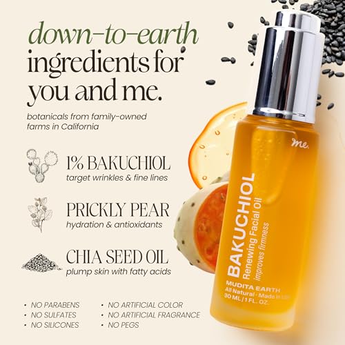 Mudita Earth Bakuchiol Face Oil ? Retinol Alternative for Women | Chia Seed & Prickly Pear Serum for Gua Sha & Lymphatic Drainage | Plant-Based Oil for Scar Heal, Healthy-Aging for Oily Skin - 1 fl oz