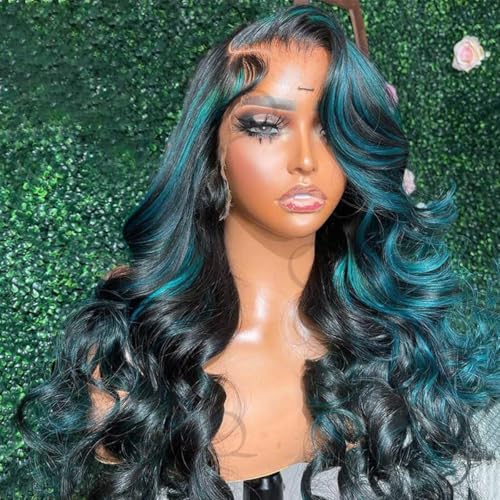 Highlight Blue Human Hair Wigs 13X4 Transparent HD Lace Front Wigs Ombre Green Body Wave Wig Human Hair 150% Density Body Bave Glueless Human Hair Wigs (16Inch)