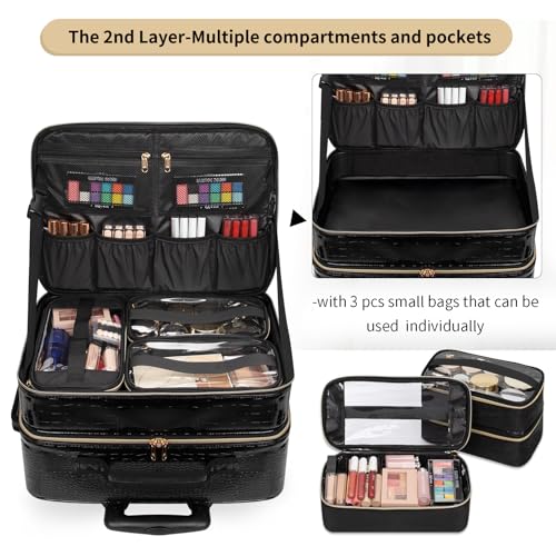 OCHEAL Rolling Makeup Train Case, 18" Carry On Travel Cosmetic Organizer Suitcase,Extra Large Trolley Makeup Storage Case On Wheels,3 Layers with 3pcs Traveling Bags for Hairstylist Cosmetology Artist