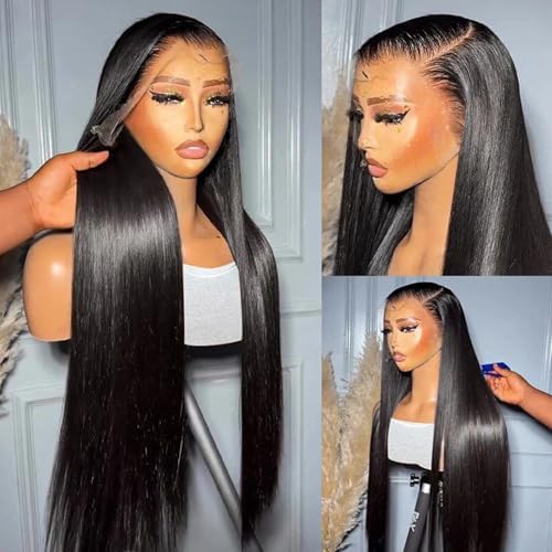 220% Density 13x6 Straight Lace Front Wigs Human Hair HD Transparent Pre Plucked Bleached Tiny Knots 13x6 Full Lace Frontal Wig Upgraded 14A Brazilian Virgin 13x6 Lace Front Wigs Human Hair 20 Inch