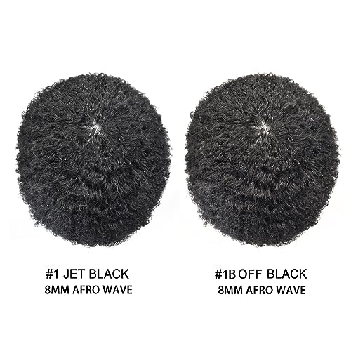 Afro Curly Toupee 0.1mm PU Base Human Hair Units for Black Men African American Afro Wavy Black Mens Hair System Brazilian Hair Wig8"X10"#1B Off Black-8mm Wave