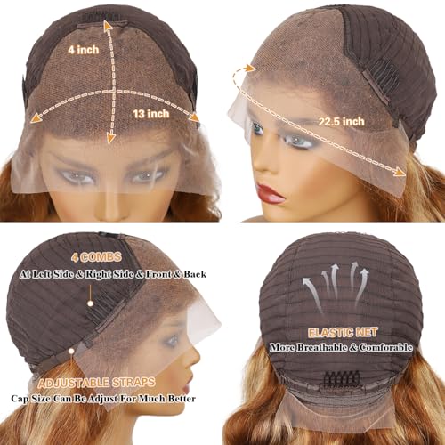 26 Inch Ombre Lace Front Wigs Human Hair 200% Density 13X4 Highlight Body Wave Lace Front Wig Human Hair Pre Plucked for Women Brown mixed Blonde HD Lace Frontal Wigs