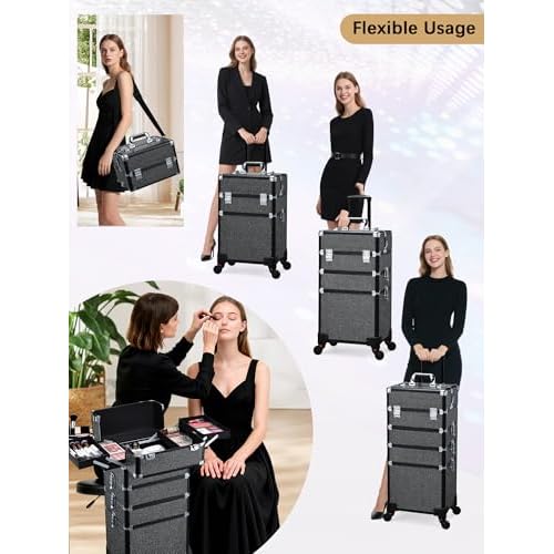 Costravio 5 in 1 Rolling Makeup Case on Wheels Large Cosmetology Case Organizer Beauty Cosmetic Train Case Travel Nail Cart for Make-up Studio Hair Salon, Black Rhinestone