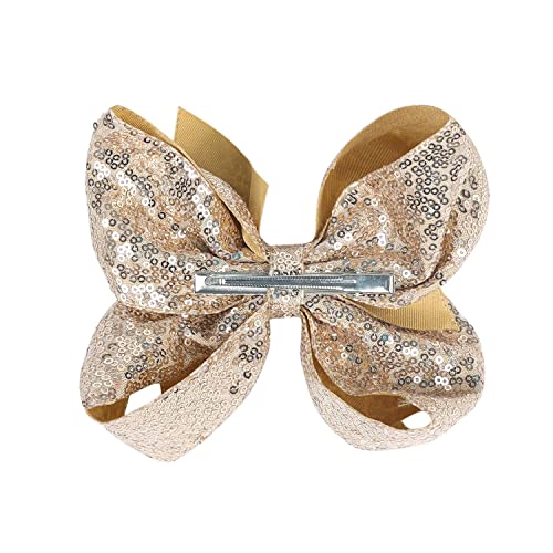 Hair Accessories: 8 Inch Large Sequin Bows and Alligator Clips for Women, Teens, and Girls (Gold)