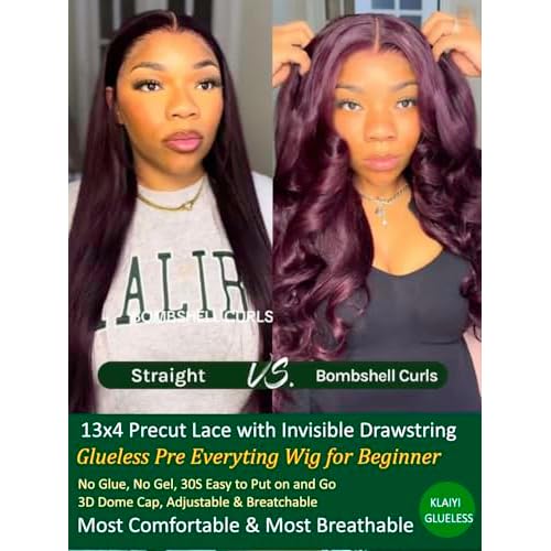 KLAIYI Black Cherry Loose Body Wave Pre Eeverything 13x4 Lace Frontal Wigs Human Hair Bye Bye Knots Glueless Ready to Wear and Go Wig with Face Framing Bangs Drawstring Pre Plucked Burgundy Wig 18Inch