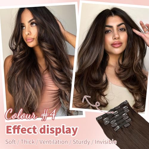 human hair clip in extensions,Soft&Natural 120g 7pcs hair extensions real human hair clip insHair (14 Inch, #4 chocolate brown)