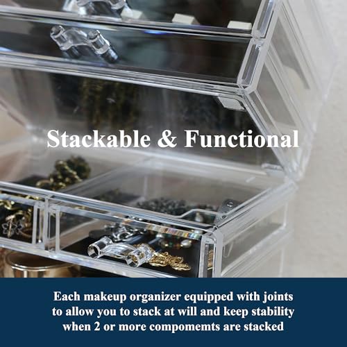 Sea Team 3-Tier Stackable Clear Makeup Organizer with Drawers, Acrylic Plastic Cosmetic Display Case, Jewelry Storage Box, Holder for Dresser, Bathroom, Vanity, Countertop (8 Drawers)