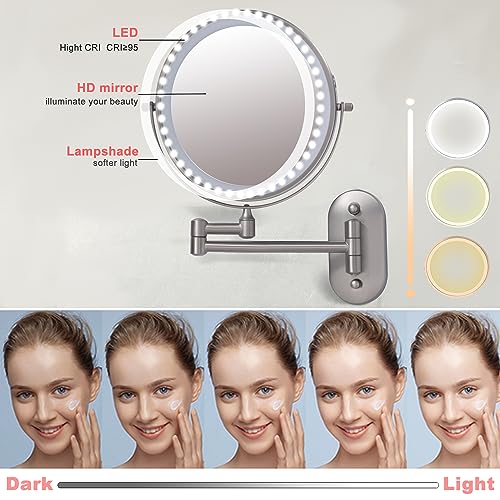 Rechargeable Wall Mounted Lighted Makeup Vanity Mirror with 10X/1X Magnification for Shaving, 8Inch Brushed Nickel Magnifying Mirror Makeup Wall Mounted with Light,13 Inch Extendable (8CB-N10X)