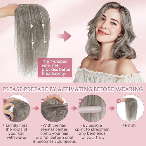 Hair Toppers for Women Real Human Hair with No Bangs 3.1¡¿3.9 Inch Silk Base Clip-In Topper Natural Looking Hairpieces for Women£¨14 Inch,Light Grey£©