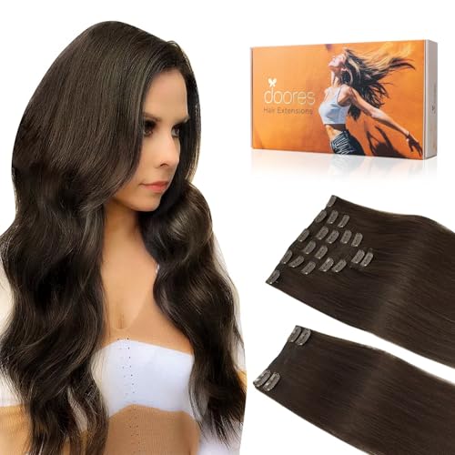 DOORES Hair Extensions Clip in Human Hair, Light Dark Brown 22 Inch 150g 9pcs, Natural Real Extensions Clip in Thick straight Weft