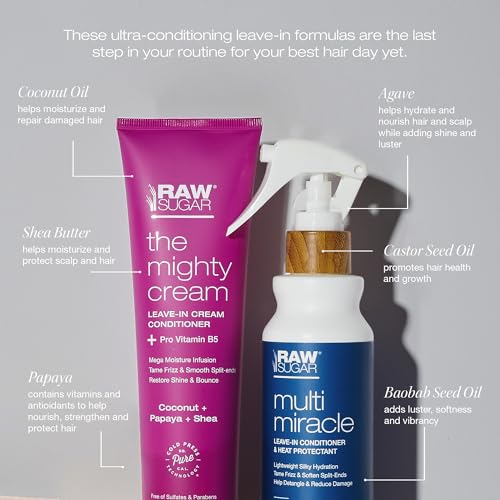 RAW SUGAR Leave In Conditioner Duo, Multi-Miracle Hair Mist and The Mighty Cream (2 Products) Heat Protectant, Hydration and Frizz Control for All Hair Types, A Conditioning Haircare Bundle