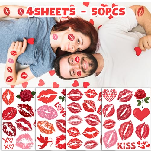 Valentines Lip Temporary Tattoos, Red Pink Lip Print Kiss Face Tattoo Stickers Body Decorations for Girls Kids