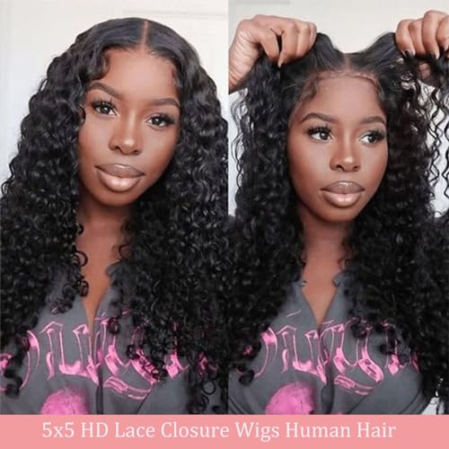 Glueless Wigs Human Hair Pre Plucked Pre Cut 5x5 Hd Lace Closure Wear and Go Deep Wave Curly Lace Front Wigs for Black Women Wet and Wavy Natural Hairline (32 Inch)