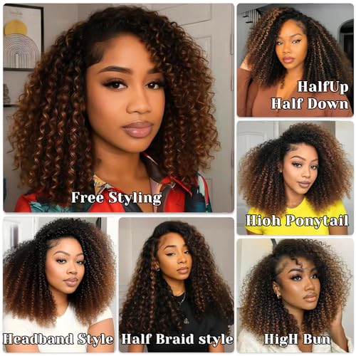 Half Wig Human Hair Glueless Kinky Curly Style 200% Density Ombre Highlight Invisible Hairline Beginner Friendly Seamless Clip Ins Flip Over None Lace Front Wigs (20 Inch)