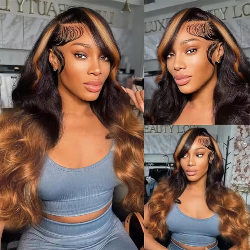 NICY 360 Transparent Lace Body Wave Wig Remy Human Hair Updo Pre Plucked Glueless Frontal Wigs Hair Extrenstion with Baby Hair (30 highlight wave, 20inch)