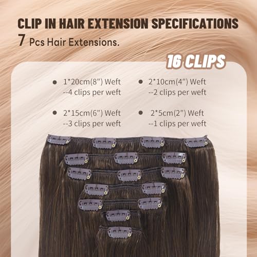 Clip in Hair Extensions Real Human Hair 22 Inch 120g 7Pcs Remy Extensions Double Weft Straight Hair Extensions for Add Volume (22in, 120g, #4)