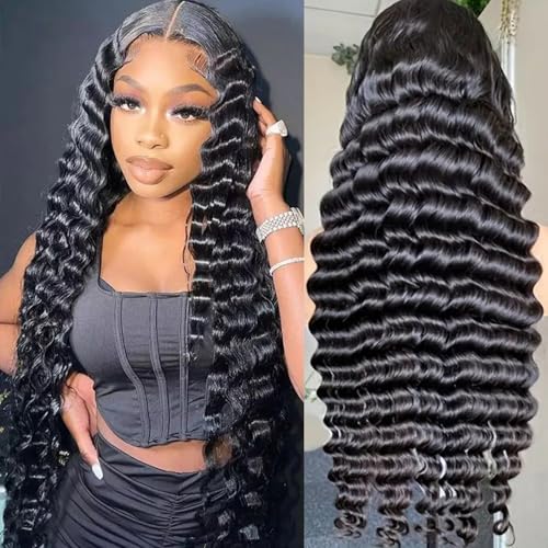 30 inch Deep Wave Lace Front Wigs Human Hair 13x6, 180 Density Soft Remy Virgin Human Hair Wig Pre Plucked with Baby Hair, Natural Color, Beginner-Friendly Daily Wear Suitable for Black Women