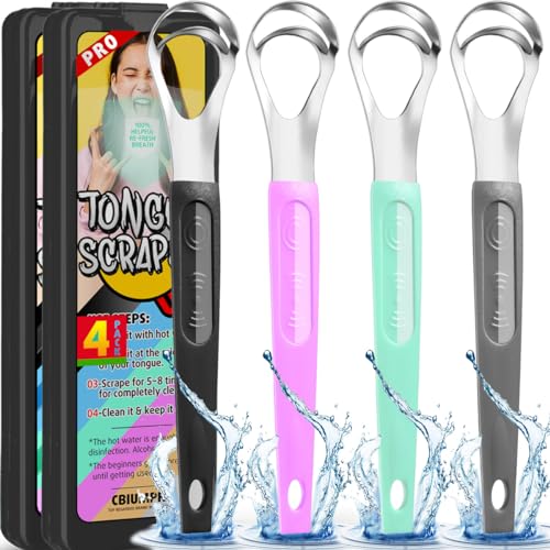 Cbiumpro 4-Pack Tongue Scraper for Kids & Adults, Stainless Steel Tongue Cleaner with Travel Case, Reduce Bad Breath