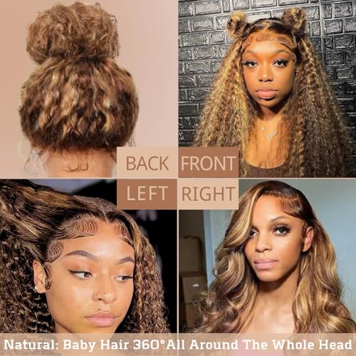 Honey Blonde 360 Lace Front Wigs Human Hair Pre Plucked 180% Density, Deep Wave Highlight Curly Brown Full 360 HD Lace Frontal Wigs, 4/27 Colored 12A Soft Shinny Thick Brazilian Hair 18 IN