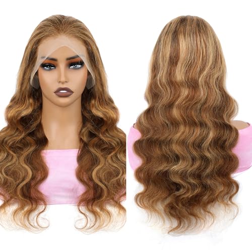 13x4 Body Wave Ombre Lace Front Wigs Human Hair for Women 180% Density HD Transparent Lace Front Honey Blonde Wig Human Hair Pre Plucked with Baby Hiar 4/27 Color Glueless Wigs Human Hair 22inch