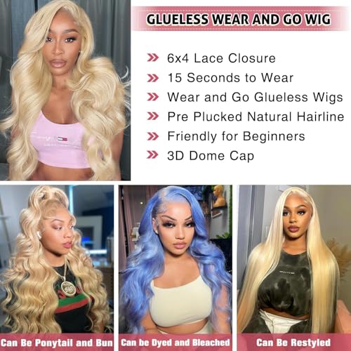 613 Glueless Pre Plucked Wigs 180% Density Wear & Go HD Body Wave Lace Front Wigs 6x4, 24in, Human Hair for Women