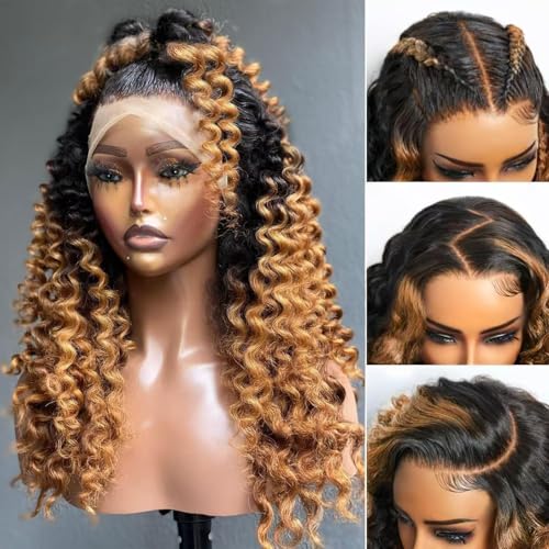 250% Density 13x6 Highlight Ombre Lace Front Wig Human Hair 13x6 HD Honey Blonde 4/27 Curly Wig Human Hair Pre Plucked For Black Woman Deep Wave Lace Front Wigs Human Hair Colored Wigs 22Inch New