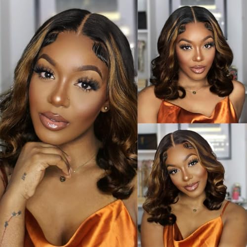 mscoco Bob Wig Human Hair 6¡¿5 Glueless Wigs Human Hair Pre Plucked Pre Cut 180% Density Closure Highlight Wig Human Hair for Black Women 1B/2/30 Wear and Go Honey Blonde Bob Wig 12inch