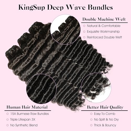 Deep Wave Human Hair Bundles 14 16 18 Inch 15A Burmese Curly Bundles Human Hair,Sew In Quick Weave Deep Wave Bundles 100% Real Human Hair Extensions Tangle Free Shedding Free Triple Lifespan