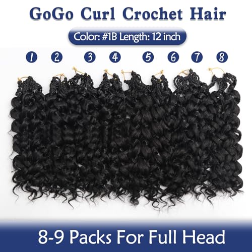 GoGo Curl Crochet Hair,12inch Pre Looped Water Wave Beach Curl Ocean Wave Crochet Braiding Hair,8pcs Box Braids Short Curly Crochet Hair for Black Women (12inch,#1B)