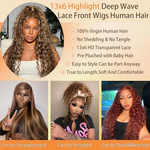 AKUZO 13x6 Ombre Honey Blonde Deep Wave Lace Front Wigs Human Hair Highlight Deep Curly Wig Pre Plucked 200% Density 4/27 HD Transparent Lace Frontal Glueless Wigs for Black Women 26inch