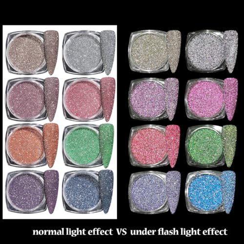 Reflective Glitter Powder Set, 8 Colors Sparkle Diamond Nail Glitter Dust, Silver Pink Purple Green Loose Glitter for Nails, Shiny Sugar Nail Powder Dipping Pigment, Nail Supplies