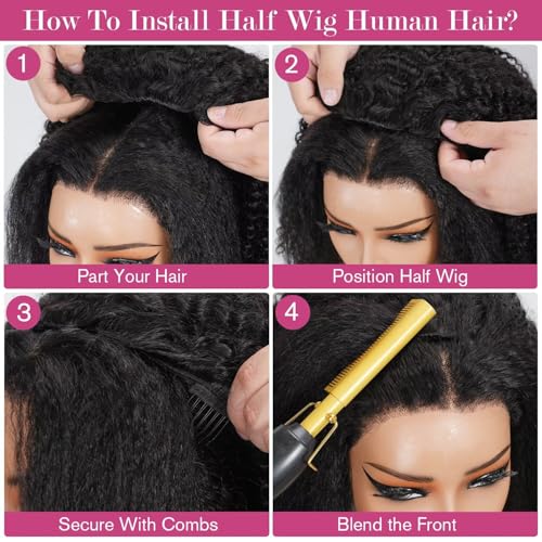 Kinky Curly 3 In 1 Half Wig Human Hair 200% Density Wear Go Glueless Wigs Human Hair for Women 18 Inch Afro Curly Seamless Flip Wig Invisible Hairline