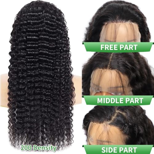 13x6 Deep Wave Lace Front Wigs Human Hair 200 Density Pre Plucked HD Lace Brazilian Virgin Curly Human Hair Wig Wet and Wavy Water Wave Lace Frontal Wigs for Women Natura Black 22 Inch Deep Wave Wig