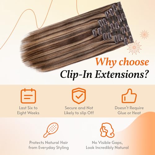 Clip in Hair Extensions Real Human Hair 20 inch, 8Pcs/120g Human Hair Clip in Extensions, Seamless Clip in Hair Extensions Human Hair #4/27 Medium Brown/Dark Blonde, 20 Inch