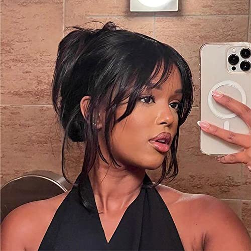 HD Transparent Lace Natural Straight Human Hair Wigs with Bangs Brazilian Remy Hair Layered Straight 13X4 Lace Front Wig Pre plucked Bleached Knost For Woman 150% Density Natural Black