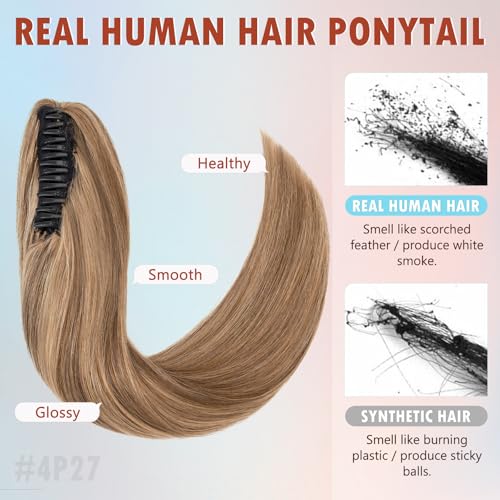 Hairro Claw Clip Ponytail Human Hair Extensions Jaw On Ponytails Remy Long Straight Jaw/Claw Clips Pony Tail Hairpieces For Women 20 Inch 120g #4P27 Medium Brown Mix Dark Blonde