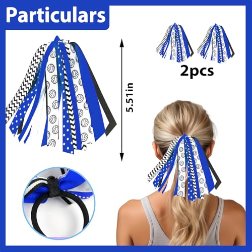 2PCS Volleyball Ponytail Holders for Women Blue Black Glitter Hair Ribbons Streamer Volleyball Elastic Hair Ties Band Scrunchies Game Day Party Decor Back School Gift for Cheerleader Fans