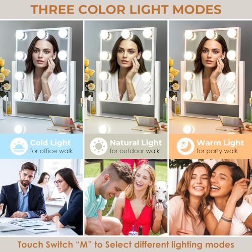 Vanity Mirror with Lights, Makeup Mirror with 3 Lighting Modes, Light Up Mirror with Touch Sensor, AC-Powered, 360 Rotatable, Metal Frame, with Detachable 10X Magnifying Spot Mirro, 14.1"