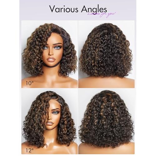 LUVME HAIR 12" Curly Glueless Wigs Human Hair Pre Plucked Pre Cut, Undetectable HD Lace Curly Bob Wig Human Hair Short Black Wig with Blonde Highlights Ready to Go Wig 180 Density