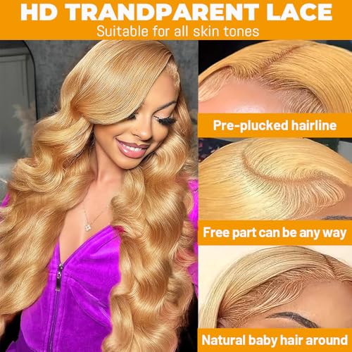 SOSATISFY 30 Inch Honey Blonde Lace Front Wig Human Hair 200% Density 13x4 Body Wave Wig Blonde Hd Lace Front Wig Pre Plucked With Baby Hair 27# Colored Wigs for Women
