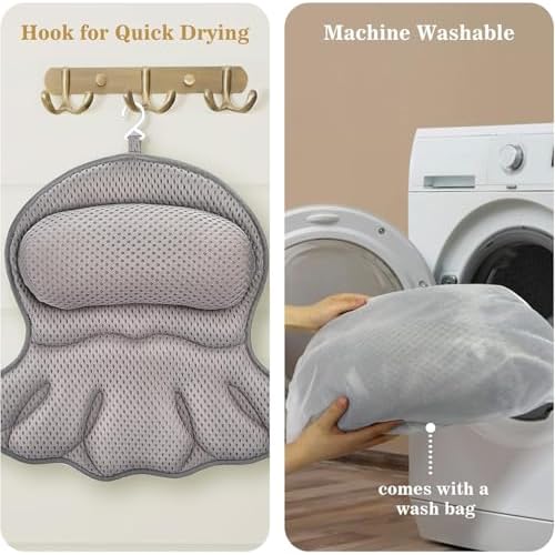 Bath Pillow Luxury Bathtub Pillow, Extra Soft & Comfortable Bath Pillow for Tub Head Neck and Back Support, with 4D Air Mesh Cushions & Non-Slip Suction Cups - Great Bath Gifts (Gray)