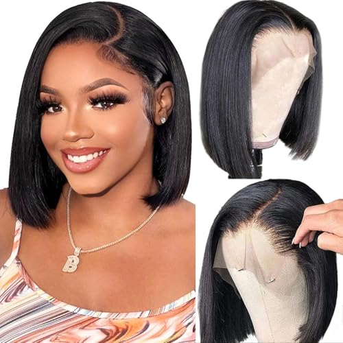 Bob Wigs Human Hair 13x4 HD Lace Front Bob Wig Human Hair Short Straight Frontal Glueless Bob Wigs for Black Women Human Hair Pre Plucked with Baby Hair Side Part 180% Density 12 Inch D