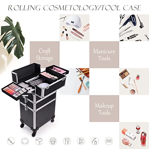 Adazzo 3 in 1 Professional Rolling Makeup Train Case Aluminum Trolley Case with 360¡Æ Rotation Wheels for Makuep Artist Cosmetic Suitcase Organizer with Lock and Key Diamond Pattern - Black
