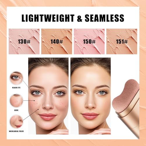 Double-ended Concealer Stick Foundation Stick with Built-in Soft Brush and Natural Finish Concealer Foundation Sticks for Multi-Use Face Makeup (#150 Pink Shell)